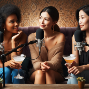 Cocktails with Jazzy | Women sitting on couch drinking cocktails with microphones for podcast